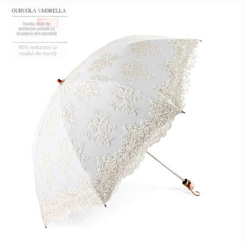Umbrelă de nuntă cu dantelă, design trei părți, cadru din fier cu 8 spițe, tijă din fier, mâner din plastic, țesătură 190T, UPF peste 40
