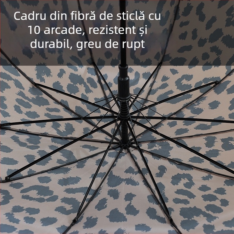 Umbrelă leopard vintage cu mâner lung, deschidere automată, 10 brațe, umbrelă golf rezistentă la vânt, material 210T