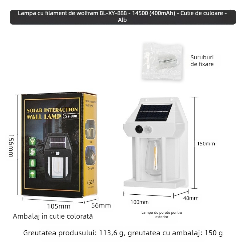 Lampa solară de exterior pentru perete, cu senzor de mișcare, filament de wolfram, 3 moduri, model XY-888