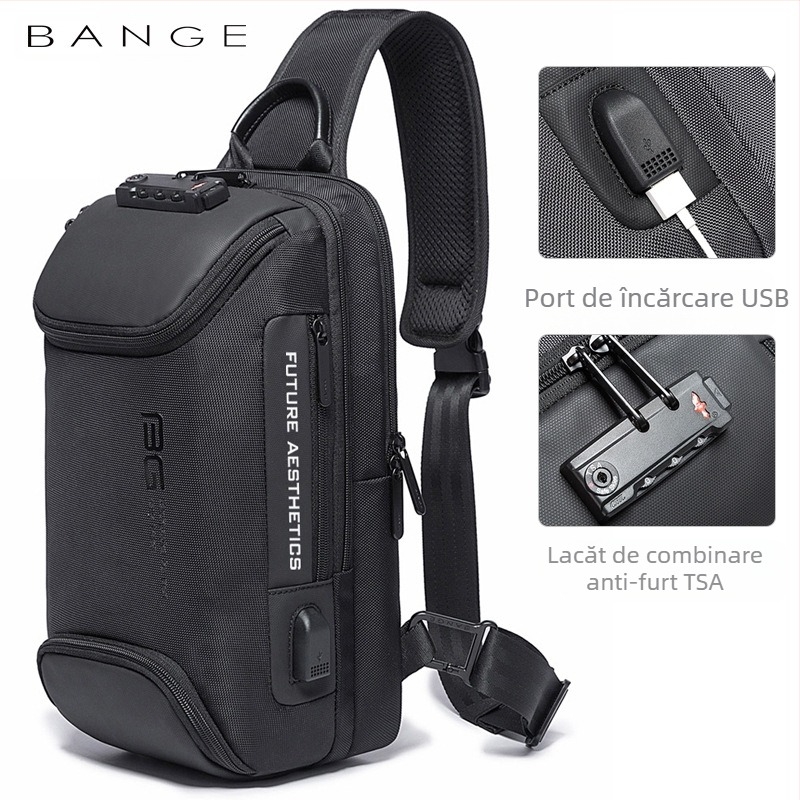 Geantă de piept pentru bărbați, anti-furt, material Oxford, compartiment pentru laptop de 11 inch, buzunar interior cu separator, stil urban