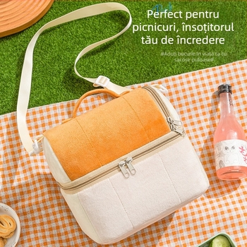 Geantă de prânz din velur cu izolație în două straturi, geantă de prânz portabilă, design îngroșat, păstrarea căldurii și frigului, pentru călătorii