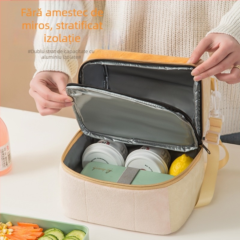 Geantă de prânz din velur cu izolație în două straturi, geantă de prânz portabilă, design îngroșat, păstrarea căldurii și frigului, pentru călătorii