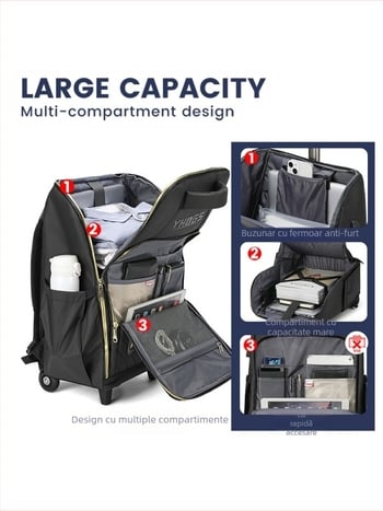 Rucsac de călătorie cu roți universale, din poliester, închidere cu fermoar, greutate 2,5 kg