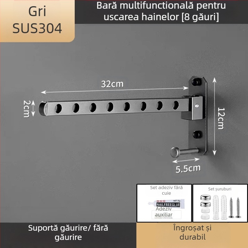 Umeraș pentru haine din oțel inoxidabil – pliabil, cu suport fix și tijă de uscare cu un singur tub