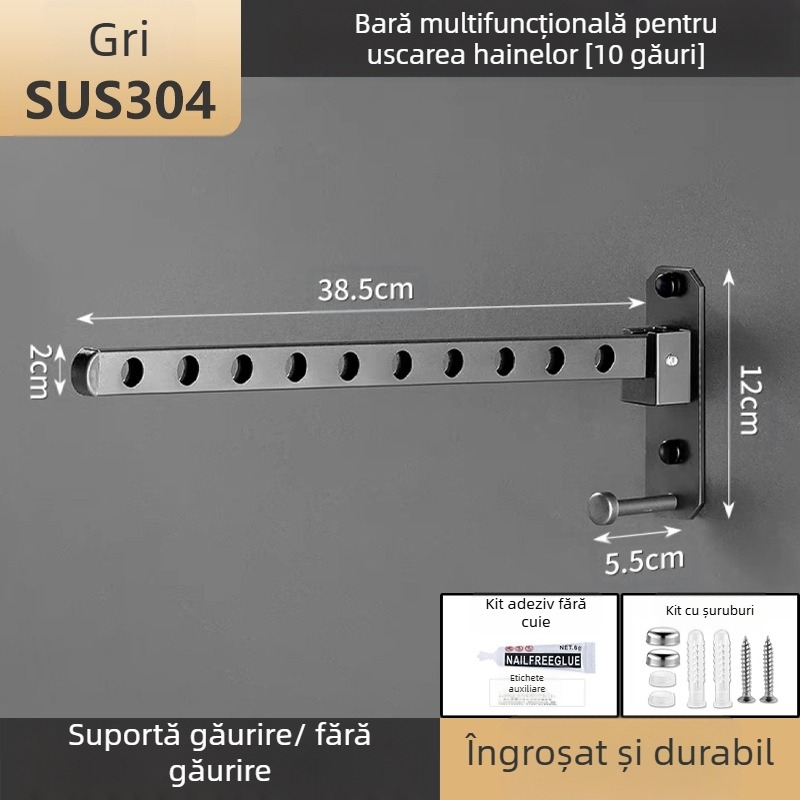 Umeraș pentru haine din oțel inoxidabil – pliabil, cu suport fix și tijă de uscare cu un singur tub