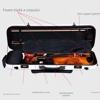 Carcasă pentru vioară - ultra-ușoară, fibră de carbon, încuietoare, higrometru, căptușeală din catifea
