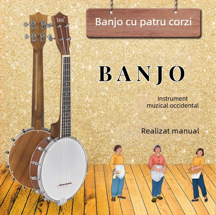 Banjo IRIN cu patru corzi, din palisandru, model BJ-605, fabricat manual, pentru practică