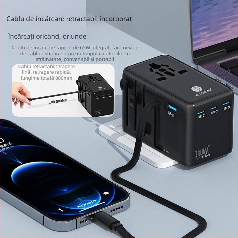 Kantravel adaptor de călătorie PD70W pentru încărcare rapidă cu cablu de date — priză universală, compatibilitate la nivel mondial
