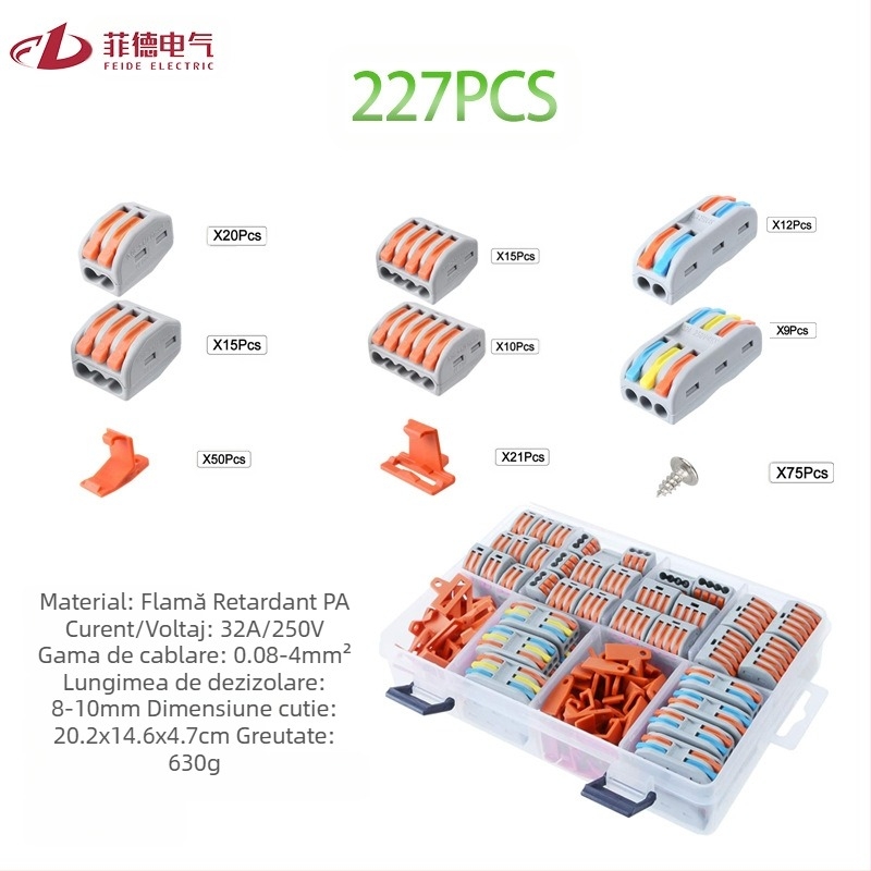 Feide Electric set de 227 piese pentru borne terminale, cu fire flexibile și rigide, set universal într-o cutie