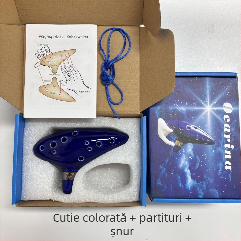 Ocarină ceramică cu 12 găuri în tonalitatea C, porțelan glazurat, ornament cu ștampilă fierbinte, design în stil chinezesc