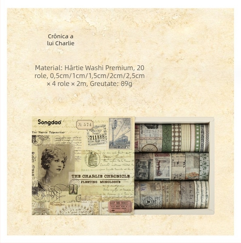 Set de bandă washi în cutie – stil antic/retro pentru jurnal și colaj, materiale DIY pe hârtie și etichete decorative