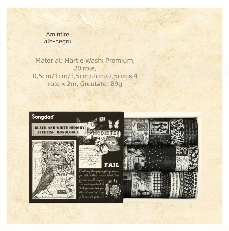 Set de bandă washi în cutie – stil antic/retro pentru jurnal și colaj, materiale DIY pe hârtie și etichete decorative