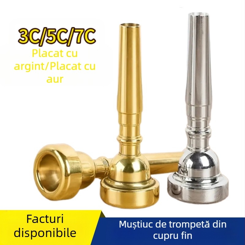 Muștiuc pentru trompetă din alamă plăcit cu argint, 3C/5C/7C, pentru începători, ușor de cântat, tip universal