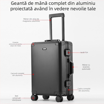 Bagaj din aliaj de aluminiu-magneziu pentru cabină, cu încuietoare TSA, roți universale, 4 kg, căptușeală poliester