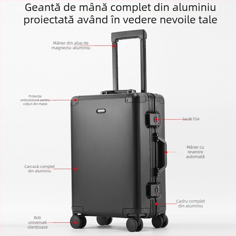 Bagaj din aliaj de aluminiu-magneziu pentru cabină, cu încuietoare TSA, roți universale, 4 kg, căptușeală poliester