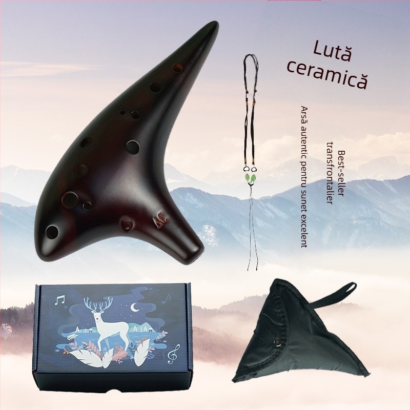 SALA ocarina ceramică cu 12 găuri, Alto C, cu șnur de purtare, husă de protecție și diagramă de poziționare a degetelor