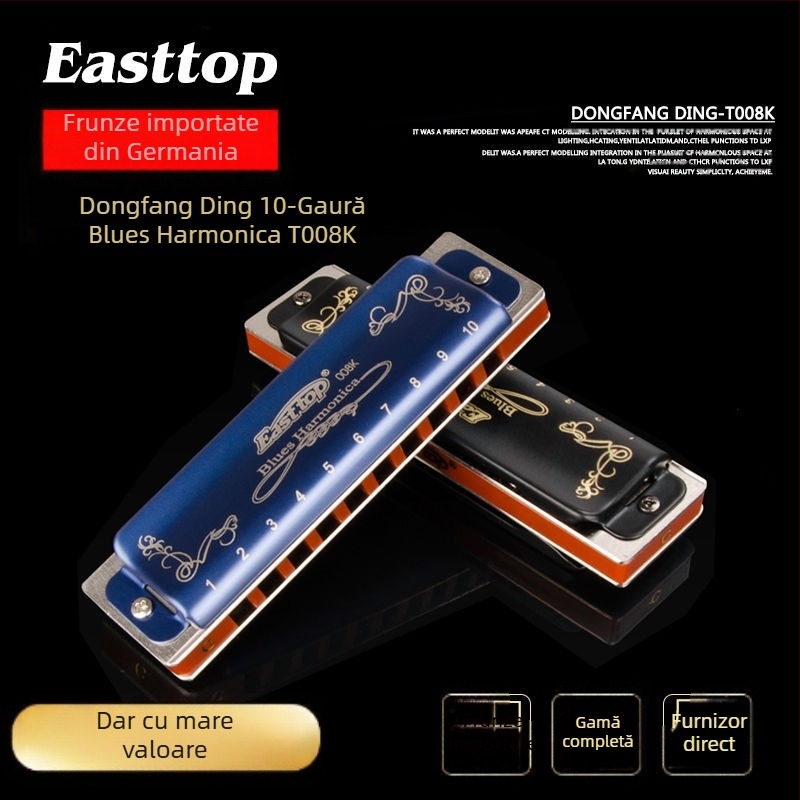 Harmonica blues, 12 chei, 10 găuri, capac cromat cu cupru, găuri de sunet din rășină, greutate 125 g