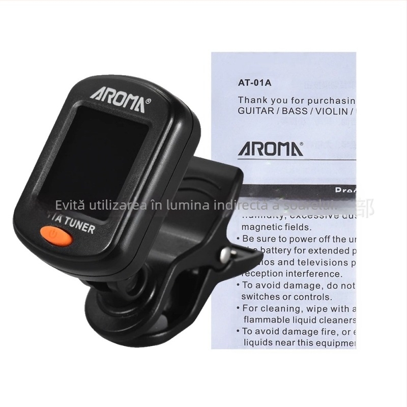 AROMA tuner clip-on pentru chitară, bas, ukulele și vioară — Model AT-2017.01A.101.103.105; Plastic + Electronică