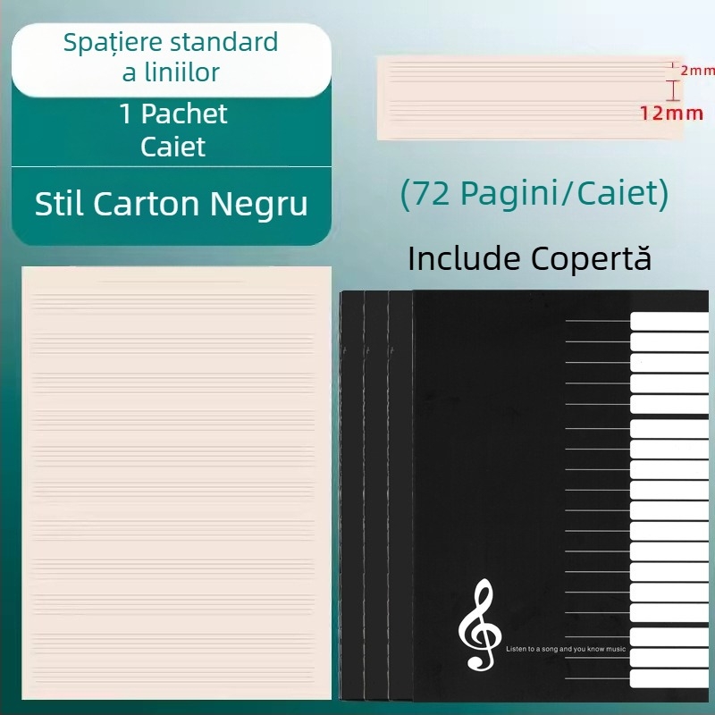Caiet cu cinci linii pentru pian, caiet de exerciții muzicale, 16K, cu teorie muzicală