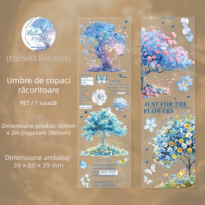 Bandă decorativă PET, temă peisaj cu copaci, seria Blooming Forest, imprimată pentru planner