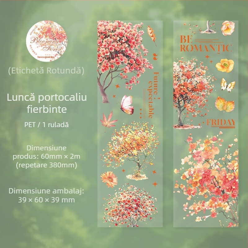 Bandă decorativă PET, temă peisaj cu copaci, seria Blooming Forest, imprimată pentru planner