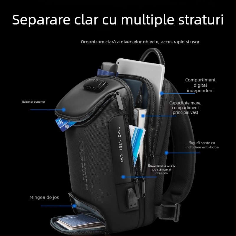 Geantă crossbody pentru bărbați, impermeabilă, cu blocare prin parolă pentru protecție anti-furt, material Oxford, model ML7082
