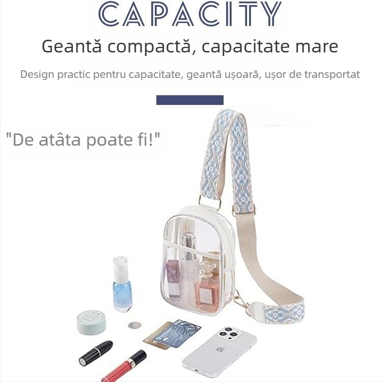Geantă de umăr transparentă, PVC, stil street fashion, formă orizontală pătrată, fermoar la deschidere, curea de umăr reglabilă