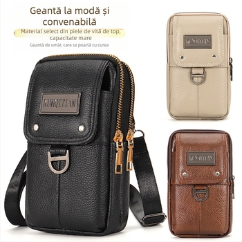 Geantă pentru telefon din piele, pentru curea, bărbați, piele naturală, piele din primul strat, formă verticală pătrată, închidere cu fermoar, stil business