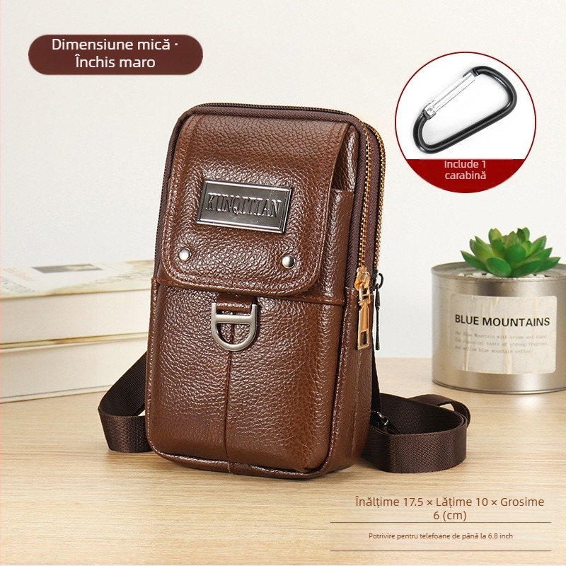 Geantă pentru telefon din piele, pentru curea, bărbați, piele naturală, piele din primul strat, formă verticală pătrată, închidere cu fermoar, stil business