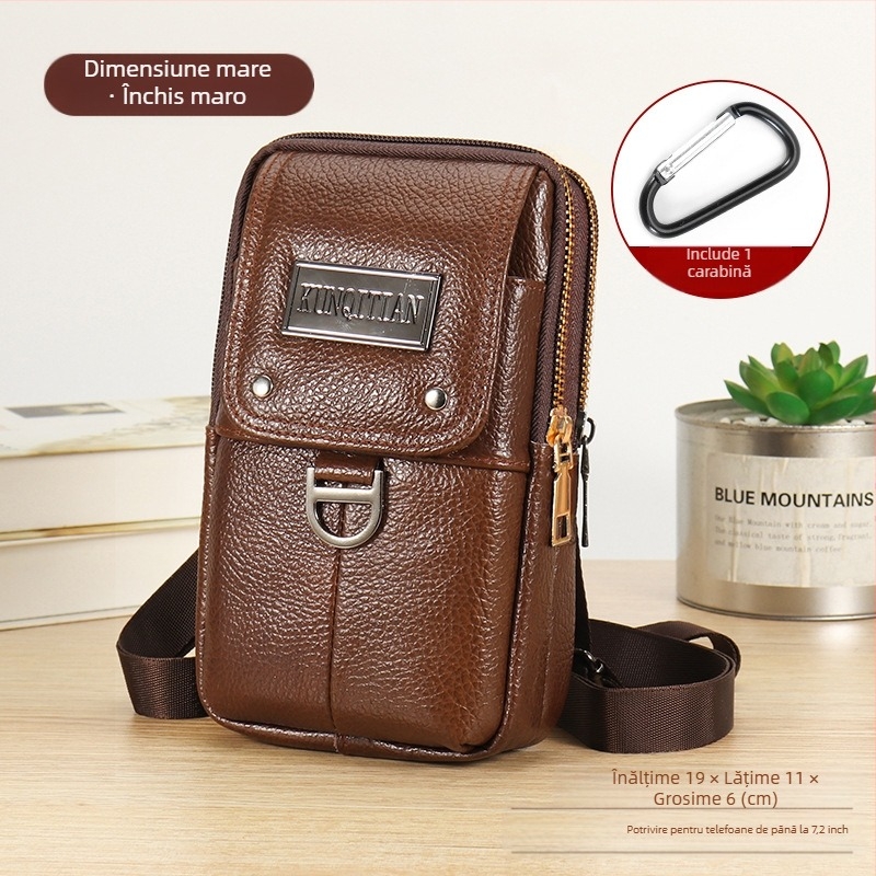 Geantă pentru telefon din piele, pentru curea, bărbați, piele naturală, piele din primul strat, formă verticală pătrată, închidere cu fermoar, stil business