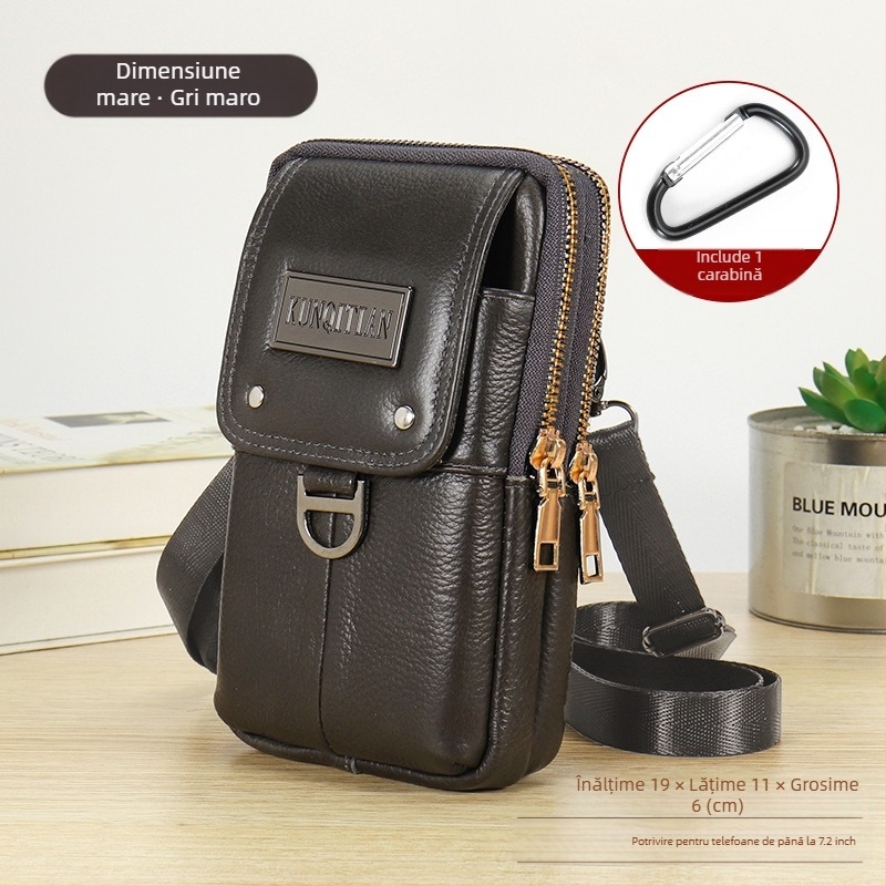 Geantă pentru telefon din piele, pentru curea, bărbați, piele naturală, piele din primul strat, formă verticală pătrată, închidere cu fermoar, stil business