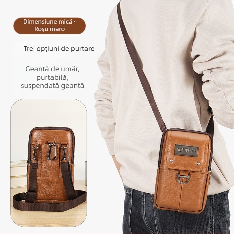 Geantă pentru telefon din piele, pentru curea, bărbați, piele naturală, piele din primul strat, formă verticală pătrată, închidere cu fermoar, stil business