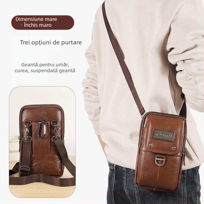 Geantă pentru telefon din piele, pentru curea, bărbați, piele naturală, piele din primul strat, formă verticală pătrată, închidere cu fermoar, stil business
