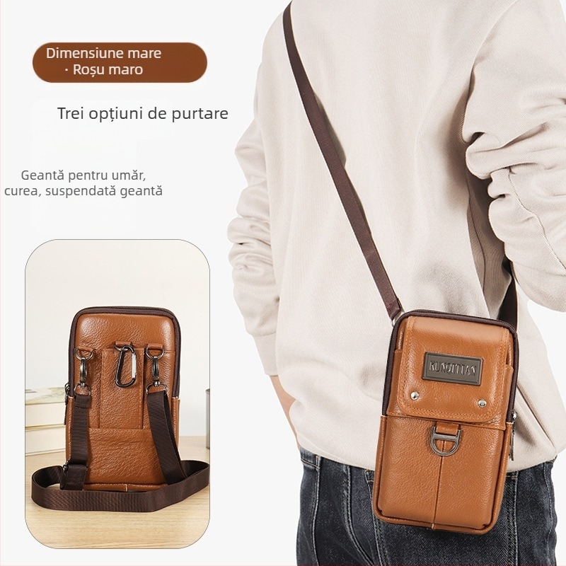 Geantă pentru telefon din piele, pentru curea, bărbați, piele naturală, piele din primul strat, formă verticală pătrată, închidere cu fermoar, stil business