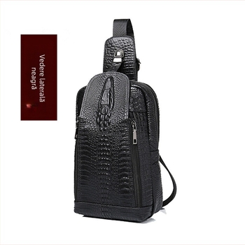 Geantă de umăr pentru bărbați din piele naturală, model crocodil, formă orizontală pătrată, închidere cu clapă, buzunare interioare: fermoar, buzunar pentru telefon, buzunar pentru ID, buzunar pentru aparat foto