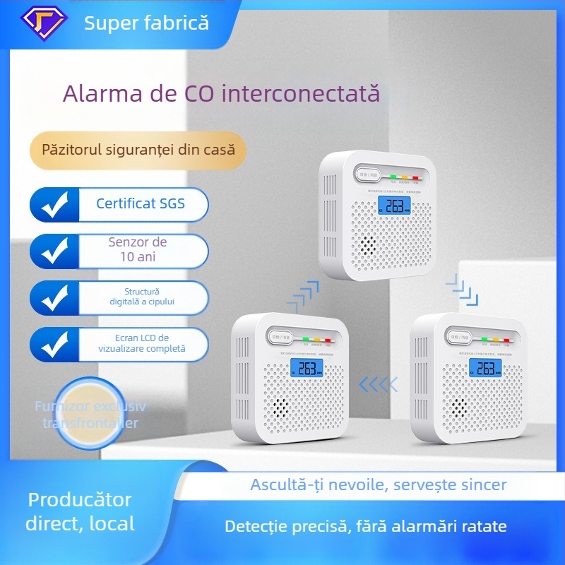 Detector de monoxid de carbon CO cu conectivitate wireless 868/433 MHz, model Y100A-CR-W(868), detecție 360°, montaj pe perete, alarmă sonoră și luminoasă