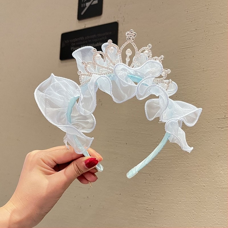 Bentiță de păr pentru copii cu coroană din plasă, funda, lucrată manual, stil coreean, accesoriu de păr prințesă