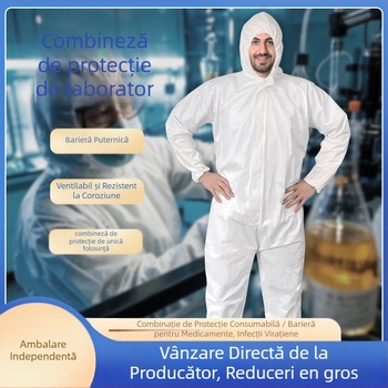 Combinezon de protecție de unică folosință cu glugă și fermoar (Unitar; design integrat cu glugă și picioare; închidere cu fermoar; material cu membrană respirabilă netes SF; 45 g)