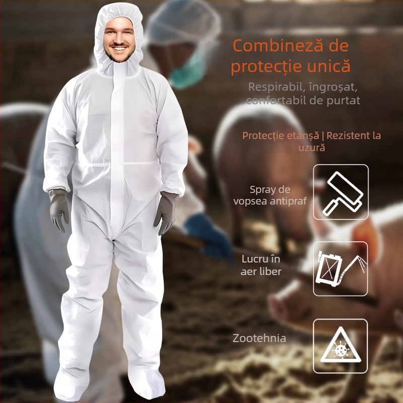 Combinezon de protecție de unică folosință cu glugă și fermoar (Unitar; design integrat cu glugă și picioare; închidere cu fermoar; material cu membrană respirabilă netes SF; 45 g)
