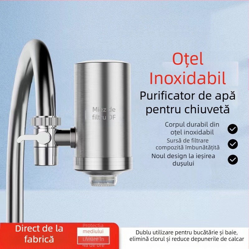 Filtru de apă montat frontal din oțel inox, pentru bucătărie și baie, cu filtru ceramic detașabil și lavabil; ultrafiltrare, filtrare nivel 1, 0–38°C, presiune 0.1–0.4 MPa, 1000 L/zi