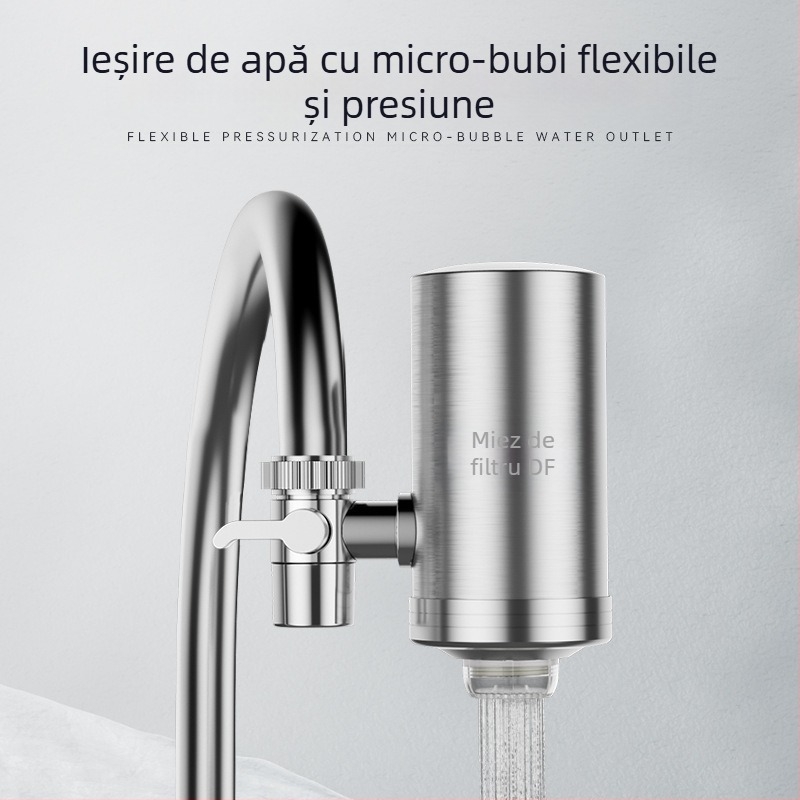 Filtru de apă montat frontal din oțel inox, pentru bucătărie și baie, cu filtru ceramic detașabil și lavabil; ultrafiltrare, filtrare nivel 1, 0–38°C, presiune 0.1–0.4 MPa, 1000 L/zi