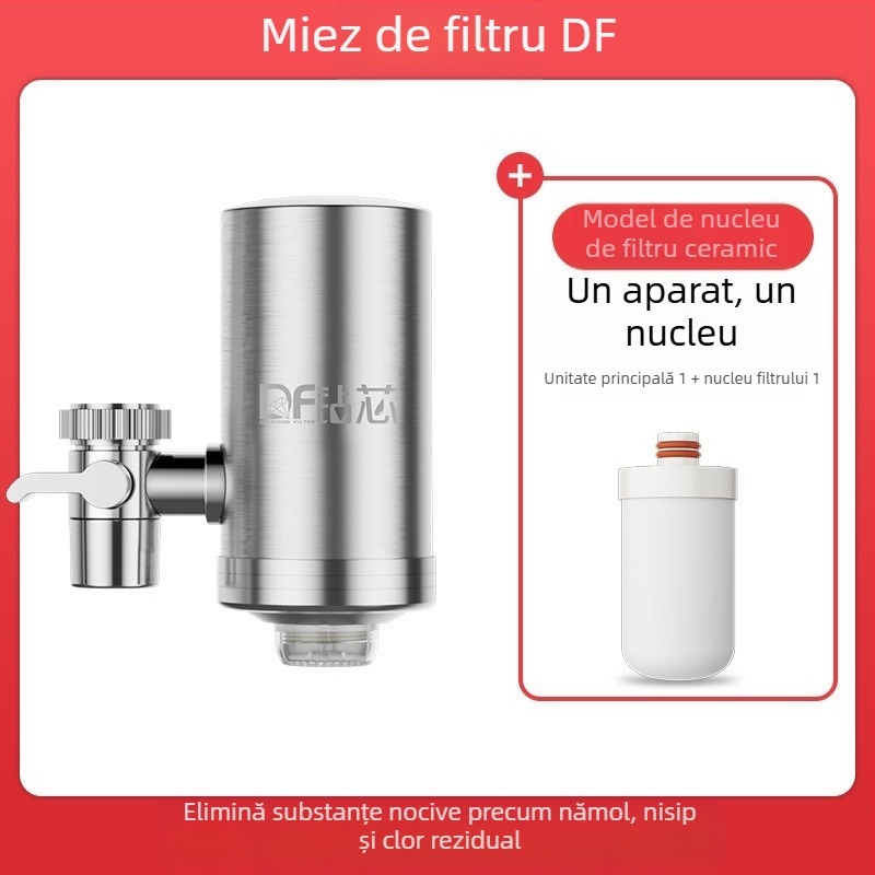 Filtru de apă montat frontal din oțel inox, pentru bucătărie și baie, cu filtru ceramic detașabil și lavabil; ultrafiltrare, filtrare nivel 1, 0–38°C, presiune 0.1–0.4 MPa, 1000 L/zi