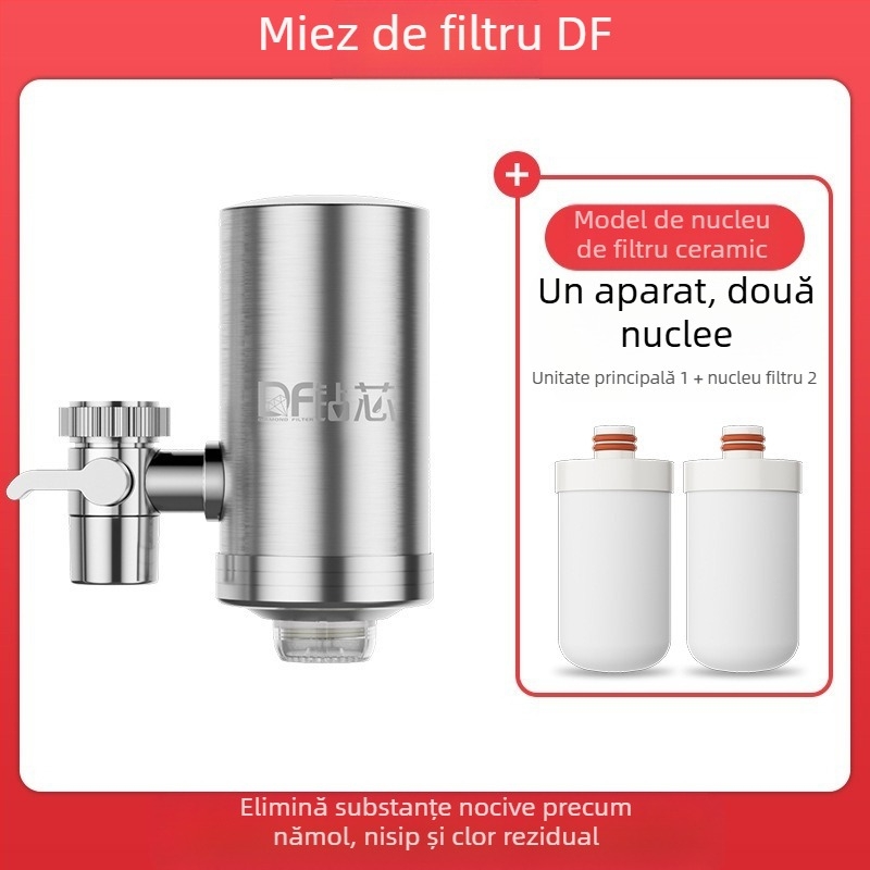 Filtru de apă montat frontal din oțel inox, pentru bucătărie și baie, cu filtru ceramic detașabil și lavabil; ultrafiltrare, filtrare nivel 1, 0–38°C, presiune 0.1–0.4 MPa, 1000 L/zi