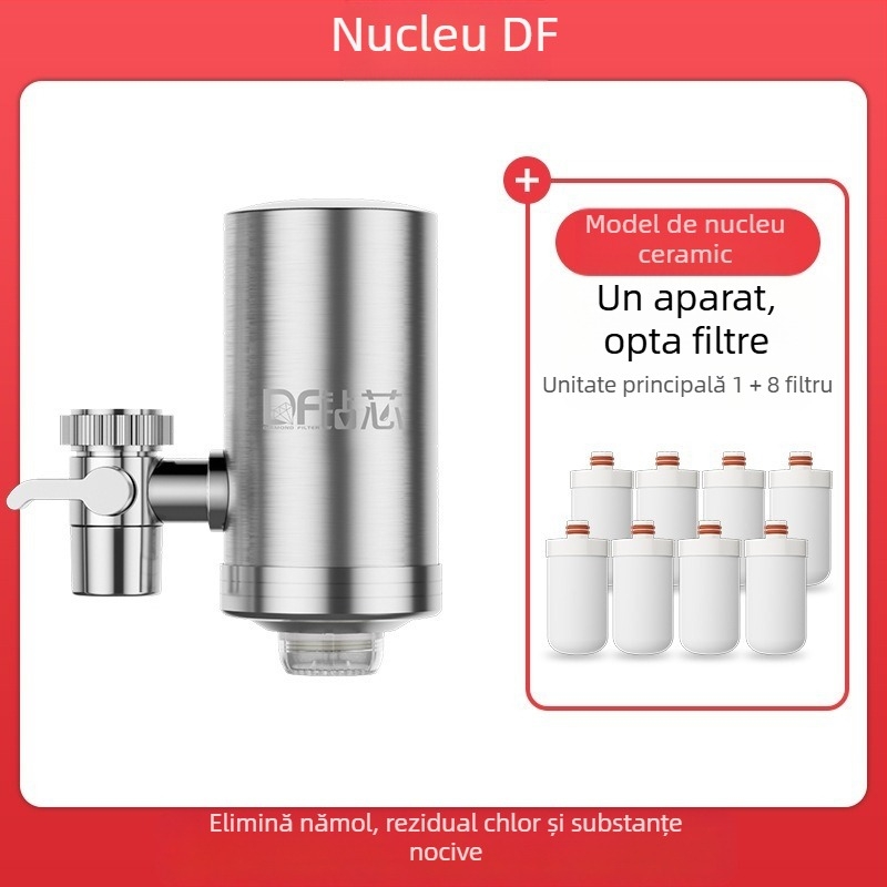 Filtru de apă montat frontal din oțel inox, pentru bucătărie și baie, cu filtru ceramic detașabil și lavabil; ultrafiltrare, filtrare nivel 1, 0–38°C, presiune 0.1–0.4 MPa, 1000 L/zi