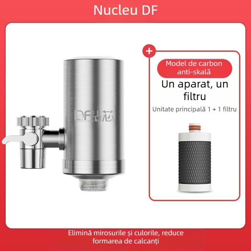 Filtru de apă montat frontal din oțel inox, pentru bucătărie și baie, cu filtru ceramic detașabil și lavabil; ultrafiltrare, filtrare nivel 1, 0–38°C, presiune 0.1–0.4 MPa, 1000 L/zi