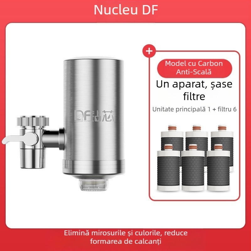 Filtru de apă montat frontal din oțel inox, pentru bucătărie și baie, cu filtru ceramic detașabil și lavabil; ultrafiltrare, filtrare nivel 1, 0–38°C, presiune 0.1–0.4 MPa, 1000 L/zi