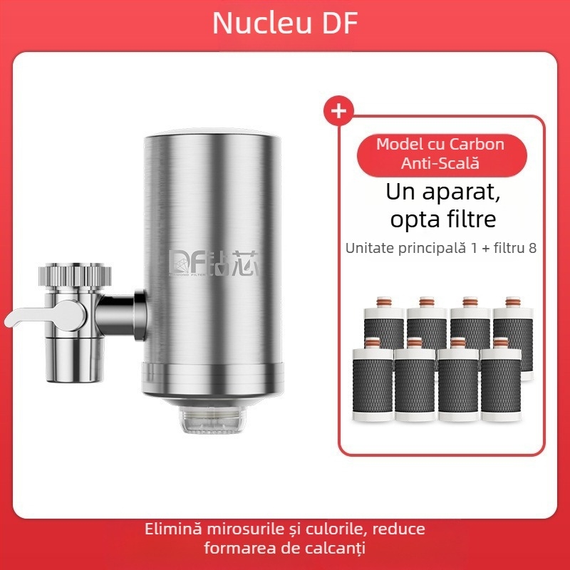 Filtru de apă montat frontal din oțel inox, pentru bucătărie și baie, cu filtru ceramic detașabil și lavabil; ultrafiltrare, filtrare nivel 1, 0–38°C, presiune 0.1–0.4 MPa, 1000 L/zi