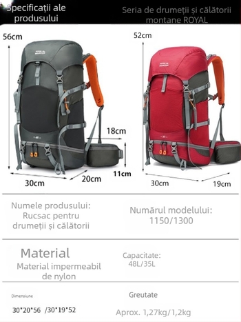 Royal Mountain rucsac de drumeție din nylon, unisex, capacitate mare, pentru activități în aer liber, respirabil, impermeabil, ușor, curele cu pernă de aer