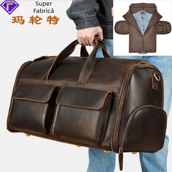 Geantă de voiaj din piele naturală pentru bărbați, mâner de purtare, capacitate 36-55 L, piele de înaltă calitate, căptușeală poliester, stil business