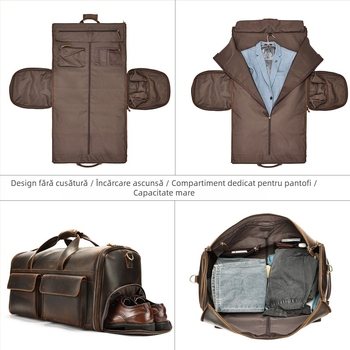 Geantă de voiaj din piele naturală pentru bărbați, mâner de purtare, capacitate 36-55 L, piele de înaltă calitate, căptușeală poliester, stil business